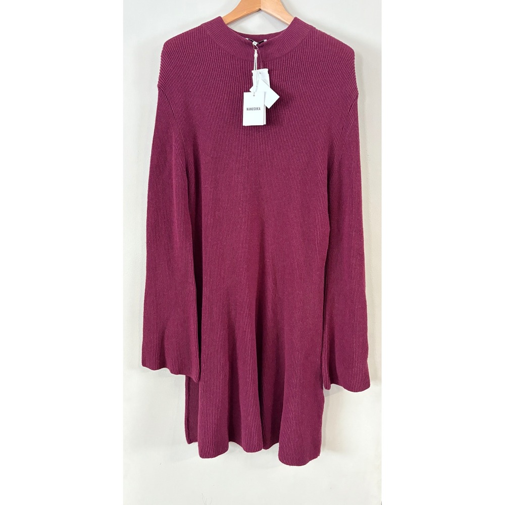Nanushka Medium Berry Maroon Bell Sleeve Wool Cashmere Blend Knit Mini Dress Rib - Picture 2 of 8